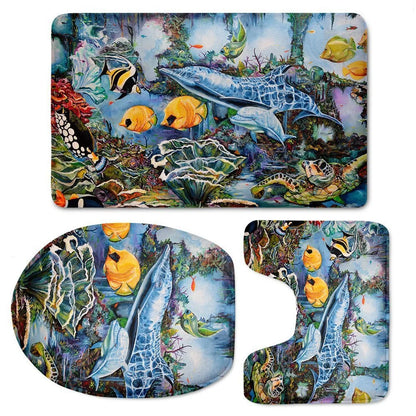 Custom 3D style bathroom set with flannel floor mats and toilet seat cover