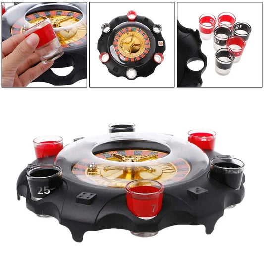 Elegant acrylic and glass roulette game set with spinning wheel and shot glasses, perfect for lively social gatherings