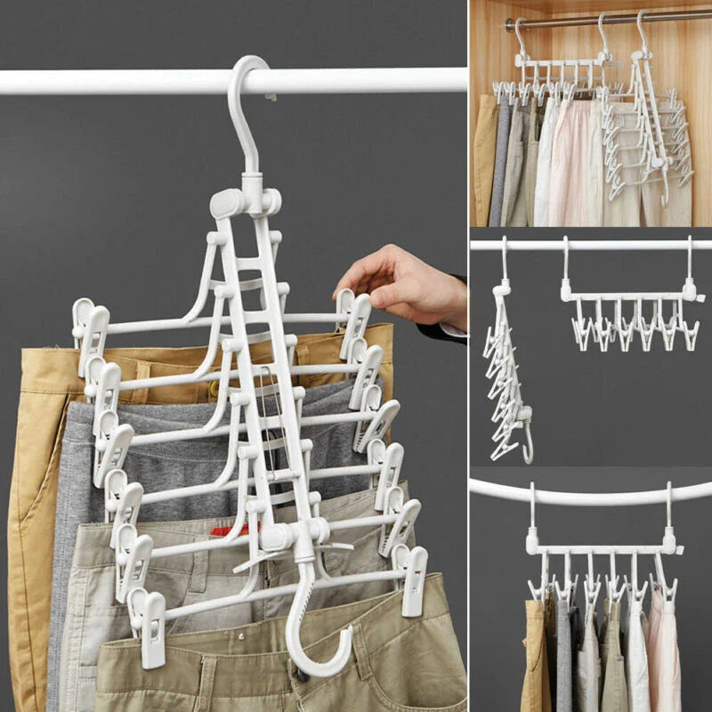 A white plastic hanging rack designed to maximise closet storage space by allowing users to vertically stack their clothes and accessories.