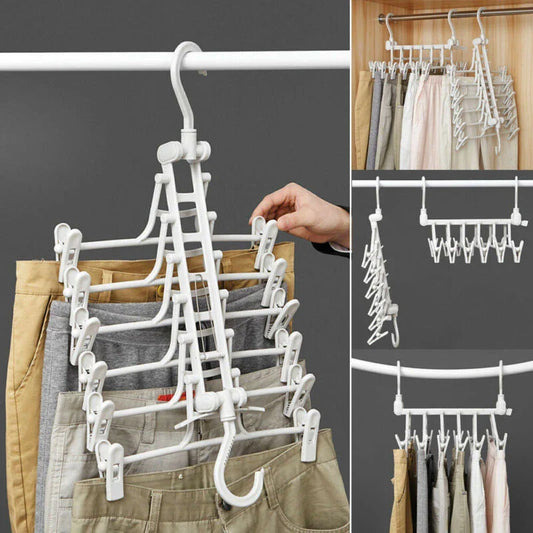 A white plastic hanging rack designed to maximise closet storage space by allowing users to vertically stack their clothes and accessories.