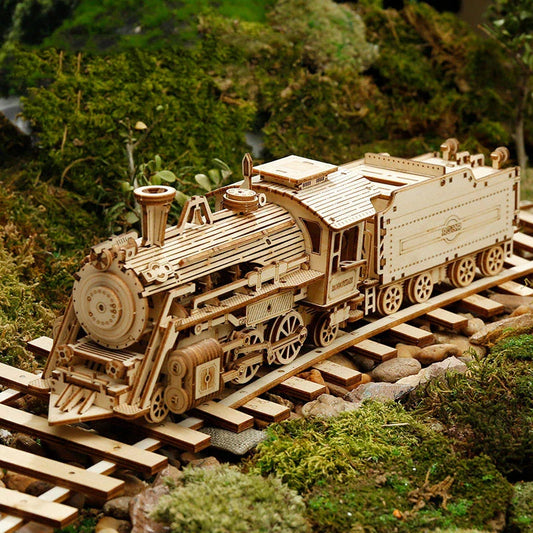Premium wooden train model kit with detailed components and instructions for DIY assembly