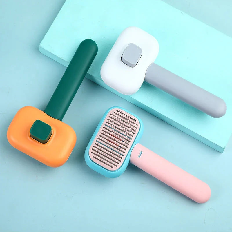 Premium pet hair brush with stainless steel and plastic construction, designed for grooming and massaging cats and dogs