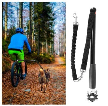 Bicycle walking dog leash with stainless steel rod and rubber band, black color, 45cm by 78cm