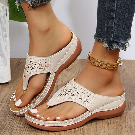 Women's clip toe wedge sandals with rhinestone accents in black, dark grey, and off-white