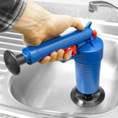Powerful Drain Blaster high-pressure air gun with four adaptable nozzle sizes for clearing clogged pipes, sinks, and drains