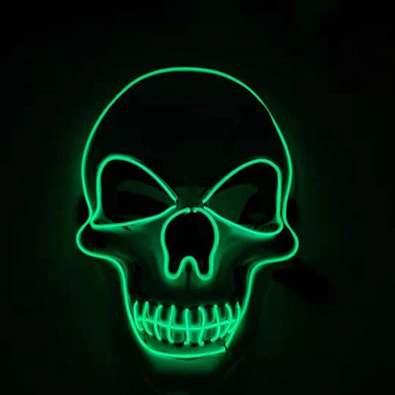 A glowing skull-shaped Halloween mask with adjustable straps and three lighting modes: constant, slow flash, and rapid pulse