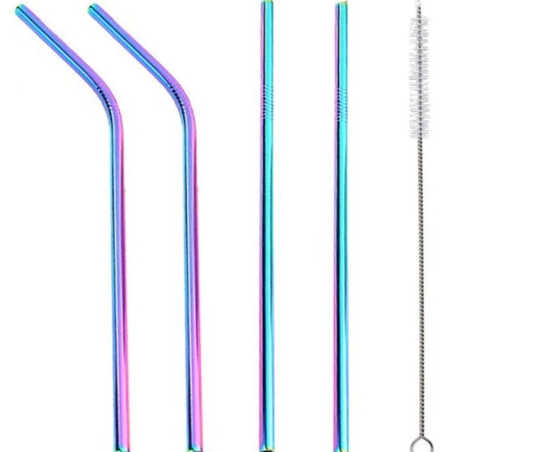 Vibrant reusable stainless steel straws set with cleaning brush, eco-friendly alternative to plastic