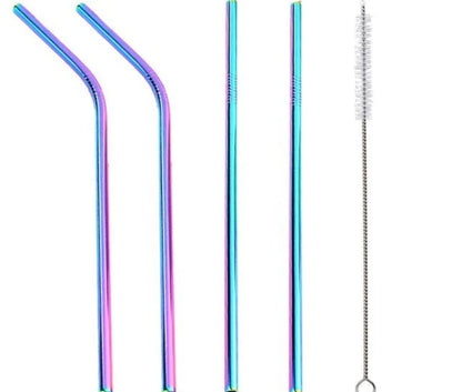 Vibrant reusable stainless steel straws set with cleaning brush, eco-friendly alternative to plastic