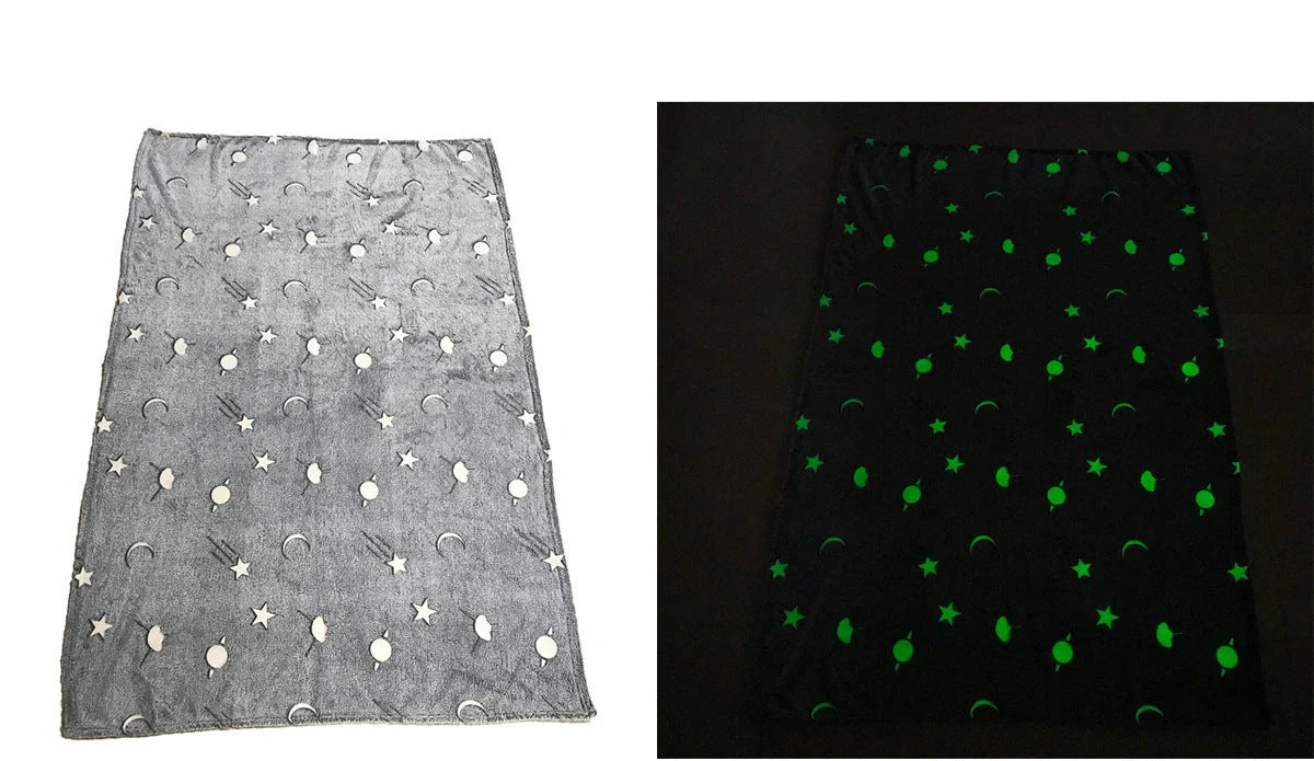 Glowing polyester wool blanket with stars and moons design, perfect for cosy nights