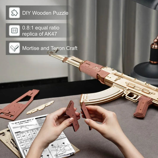 Realistic wooden AK-47 rifle toy with dual firing modes, detachable magazine, and authentic wood grain finish