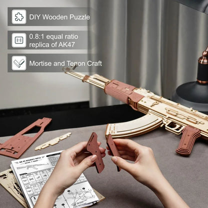 Realistic wooden AK-47 rifle toy with dual firing modes, detachable magazine, and authentic wood grain finish