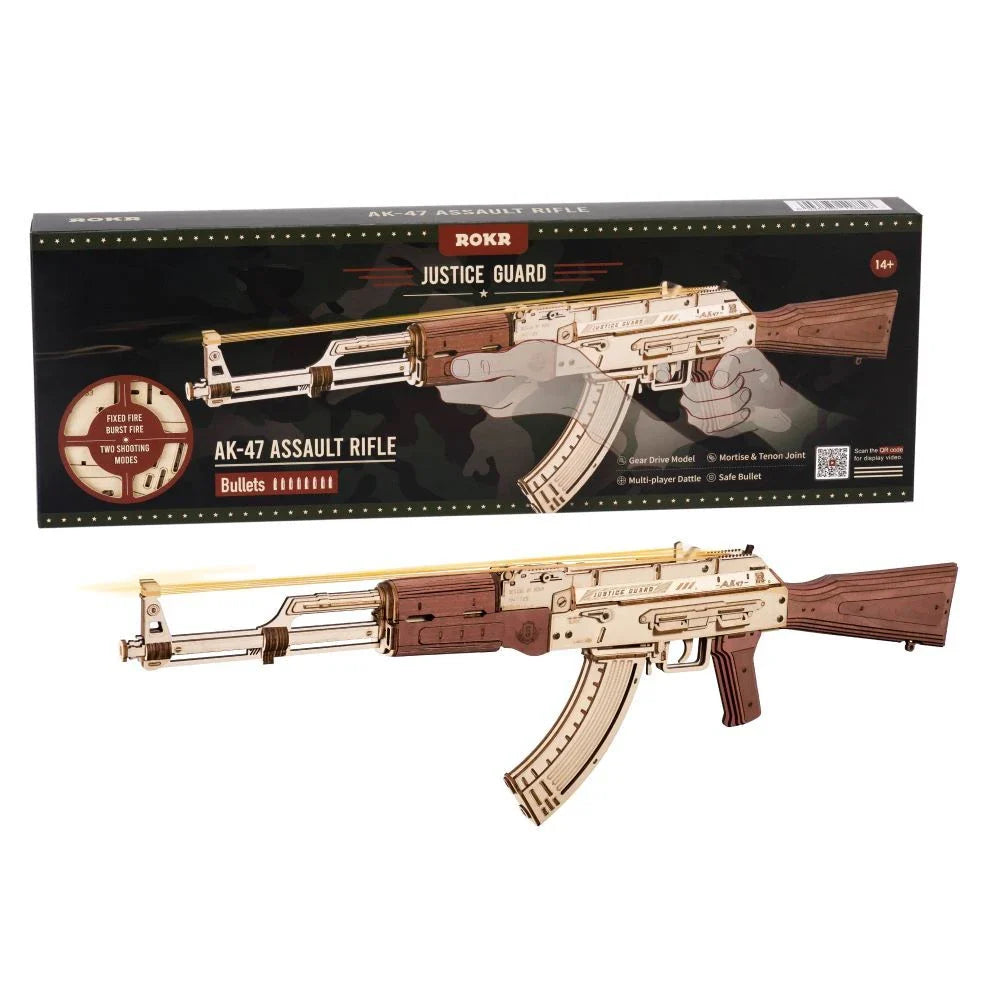Realistic wooden AK-47 rifle toy with dual firing modes, detachable magazine, and authentic wood grain finish