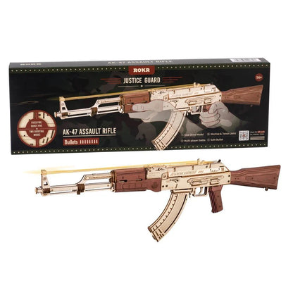 Realistic wooden AK-47 rifle toy with dual firing modes, detachable magazine, and authentic wood grain finish