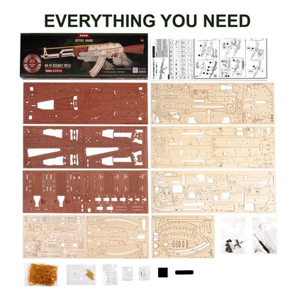Realistic wooden AK-47 rifle toy with dual firing modes, detachable magazine, and authentic wood grain finish