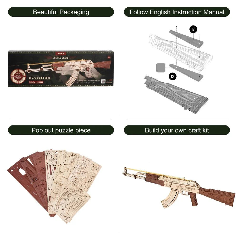 Realistic wooden AK-47 rifle toy with dual firing modes, detachable magazine, and authentic wood grain finish