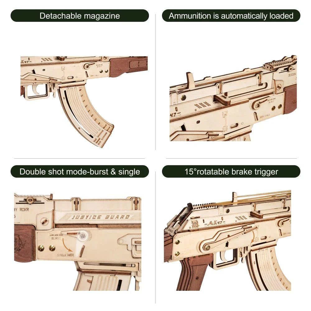 Realistic wooden AK-47 rifle toy with dual firing modes, detachable magazine, and authentic wood grain finish