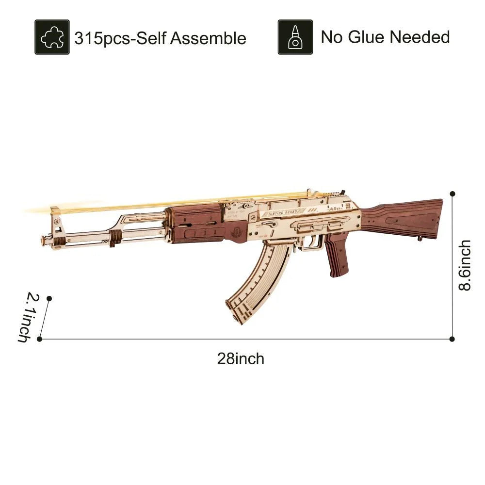 Realistic wooden AK-47 rifle toy with dual firing modes, detachable magazine, and authentic wood grain finish