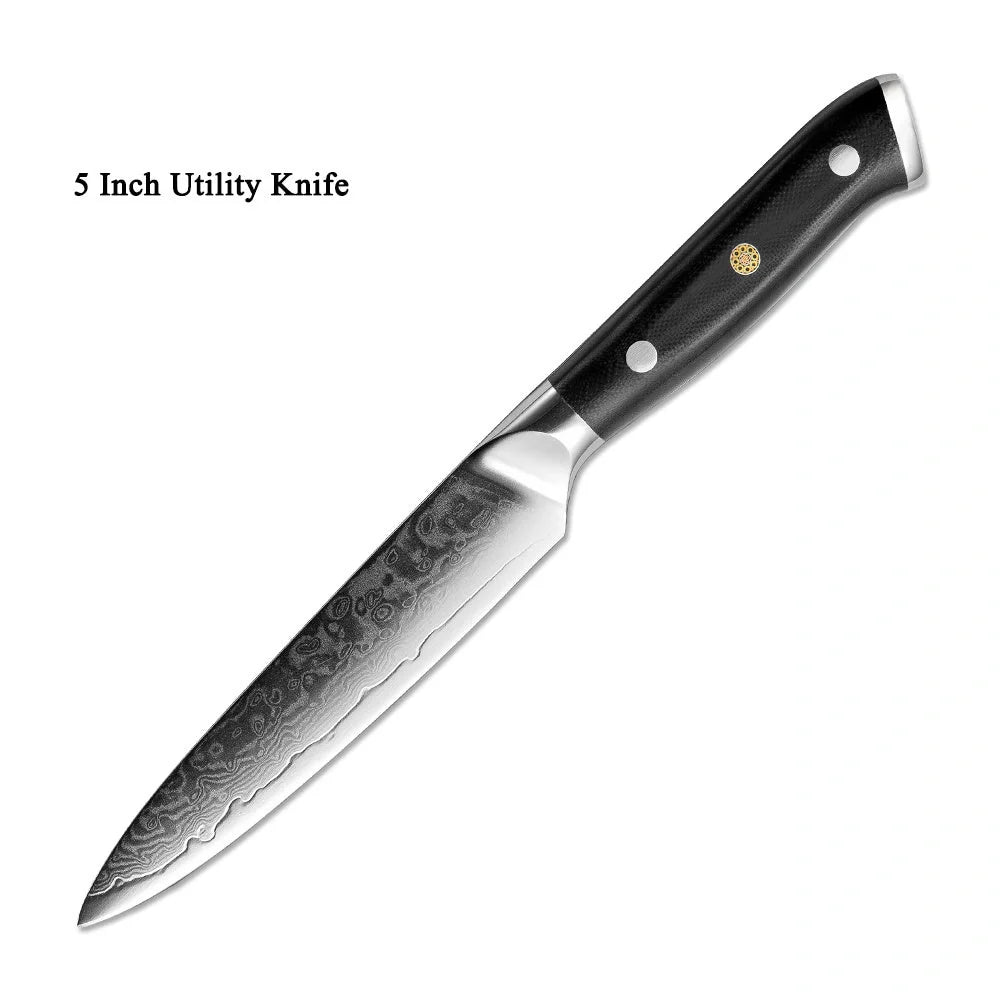 Premium Japanese Damascus steel kitchen and fruit knife set with G10 handle