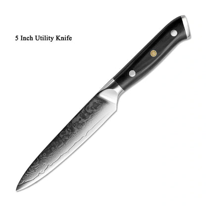 Premium Japanese Damascus steel kitchen and fruit knife set with G10 handle