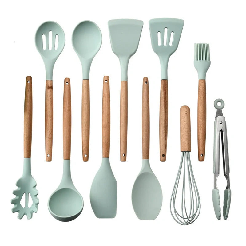 Silicone kitchenware set with wooden handles in various colors and styles, perfect for cooking, baking, and serving