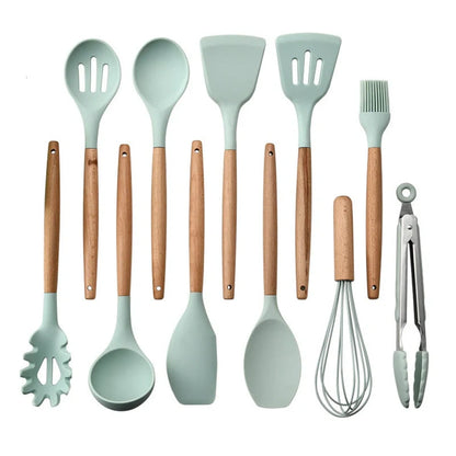Silicone kitchenware set with wooden handles in various colors and styles, perfect for cooking, baking, and serving