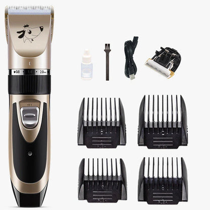 A precision dog hair trimmer with a quiet motor, featuring five speed settings, a titanium alloy fixed knife, and a long-lasting rechargeable battery for a stress-free grooming experience.