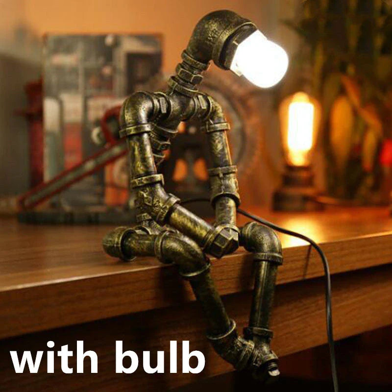 Vintage Industrial Table Lamp with Retro Water Pipe Design in Green Bronze Finish