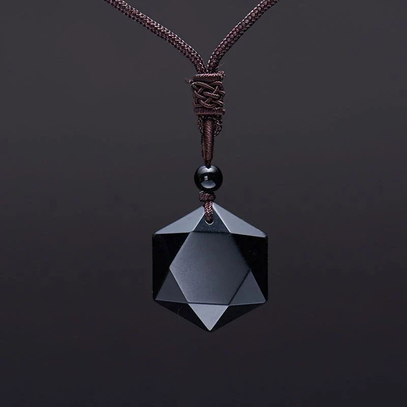 Handcrafted obsidian six-pointed star pendant sweater chain, elegant and unique jewellery piece