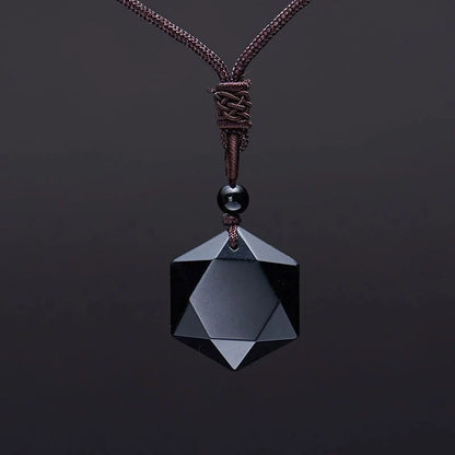 Handcrafted obsidian six-pointed star pendant sweater chain, elegant and unique jewellery piece