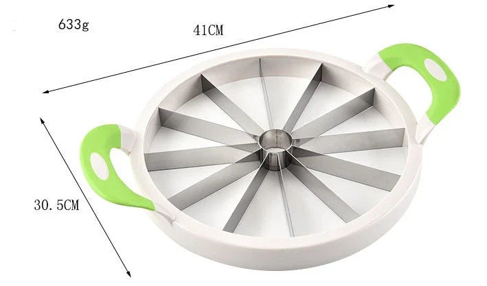 Premium stainless steel watermelon slicer with ergonomic non-slip handles for easy, precise fruit preparation