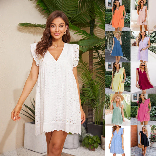 Stylish sleeveless lace pocket beach dress in a variety of vibrant colors
