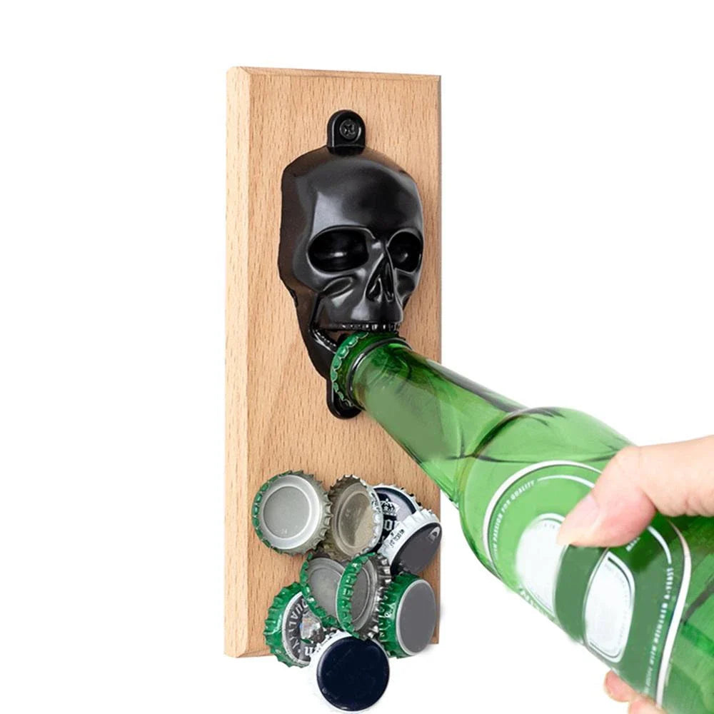 Skeleton-shaped magnetic wall-mounted bottle opener made of zinc alloy and solid wood