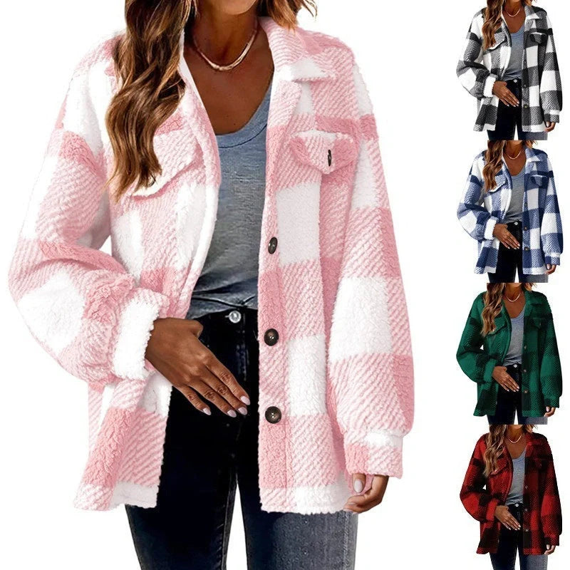 Women's striped loose fit plush coat in various colours