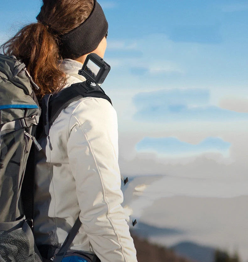 Camera backpack clip holder in black, made from POM/PVC plastic and polyester cloth, weighing 69.5 g