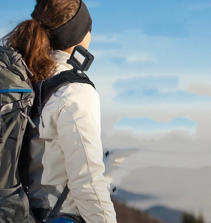 Camera backpack clip holder in black, made from POM/PVC plastic and polyester cloth, weighing 69.5 g