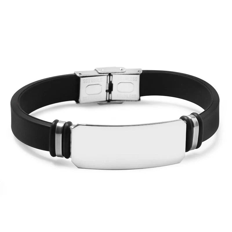 Custom engraved silicone bracelet with stainless steel accents in various colours