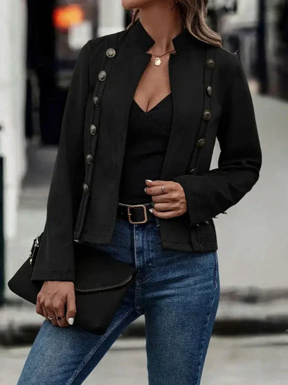 A stylish suede jacket with a double-breasted design, available in dark brown and black colors.