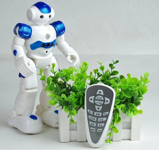 Remote-controlled dancing robot toy with gesture-sensing controls, preprogrammed songs and dances, and customizable programming capabilities