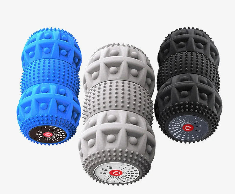Electric deep tissue foam roller with vibrating peanut massage ball in blue-black grey