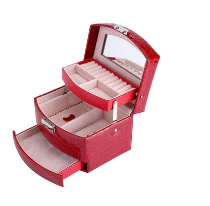 3-layer leather jewellery and makeup storage box with mirror in various colours