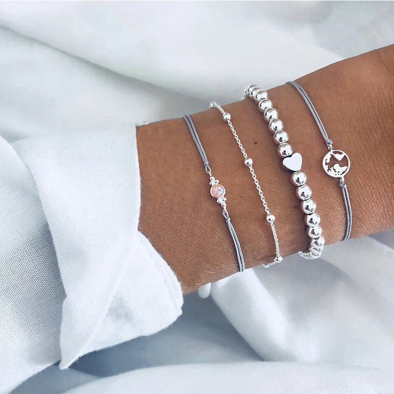Bead Chain Bracelet Set featuring star and moon design in alloy material
