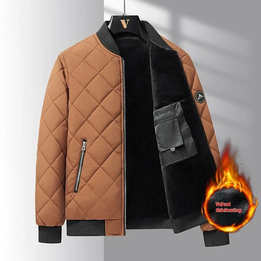 Stylish and warm rhombic-stitched cotton jacket for men in khaki and black colors