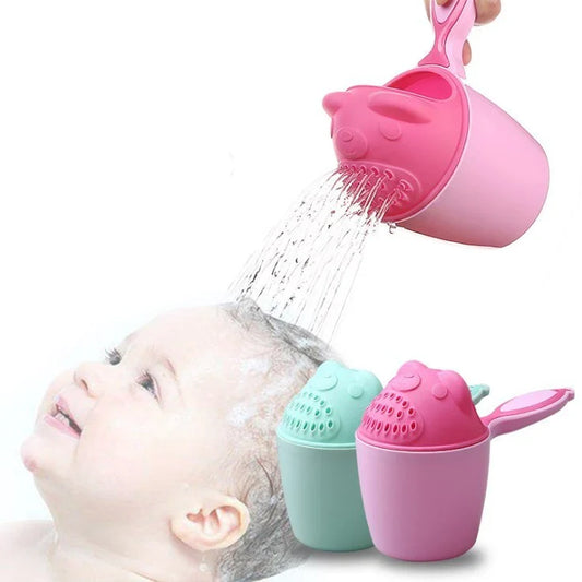 Shampoo rinse cup for baby bath time with comfortable handle and bright, colourful design