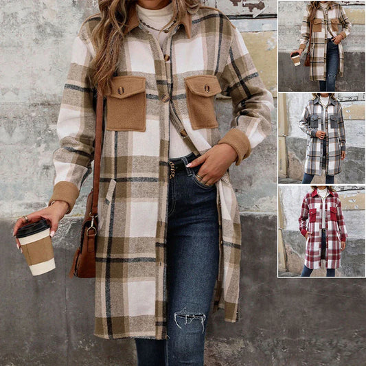 Stylish brushed plaid winter coat with pockets, available in various colors including Coffee, Grey, and Wine Red.