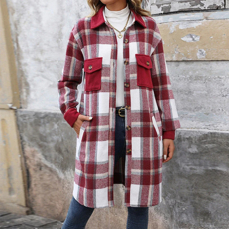 Stylish brushed plaid winter coat with pockets, available in various colors including Coffee, Grey, and Wine Red.