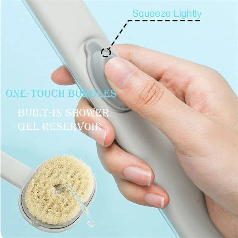 Ergonomic dual-purpose shower brush with detachable head in yellow, grey, green, and pink