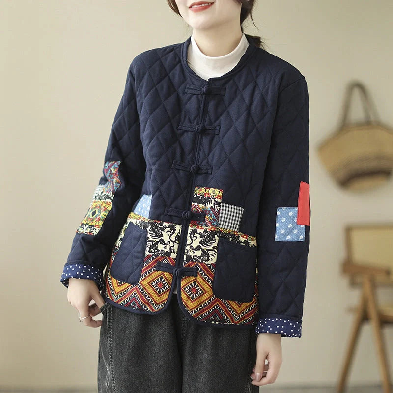 Vintage patch cardigan with rhombus pattern and buckle details in yellow and blue