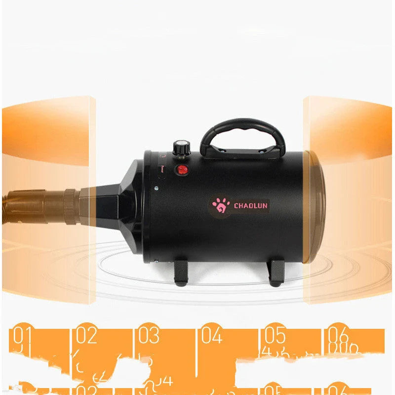 A high-powered, quiet pet hair dryer in various colors, designed for fast and efficient drying of dogs and cats.