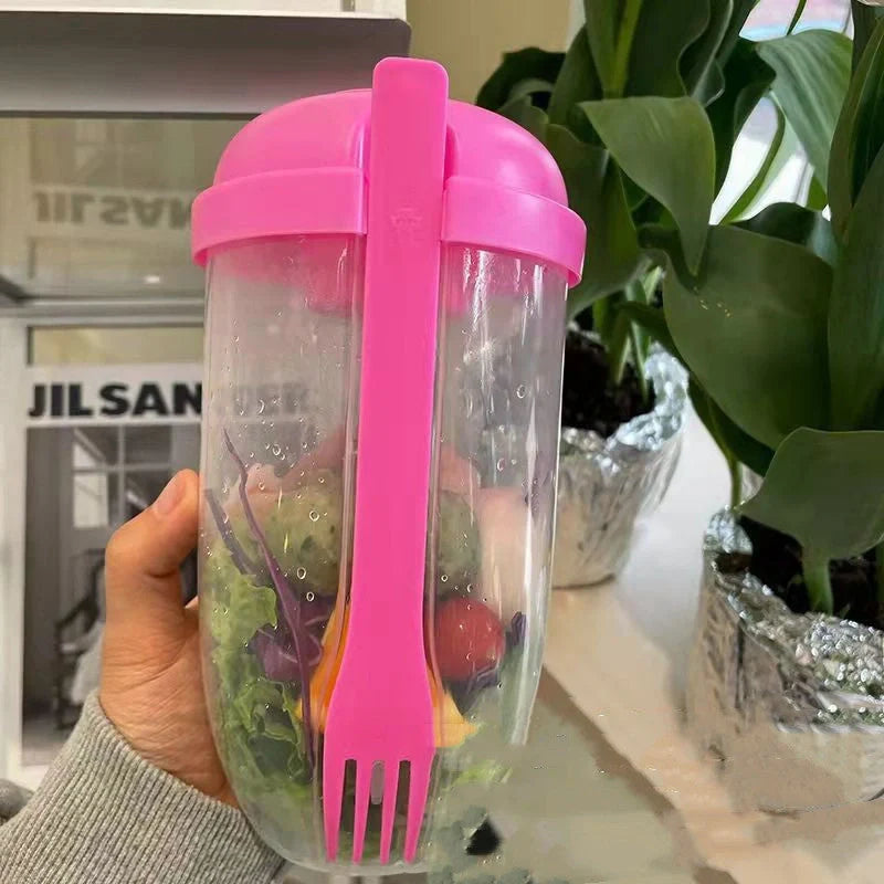 Modern minimalist salad cup with fork and cover in four colours, 1000ml capacity