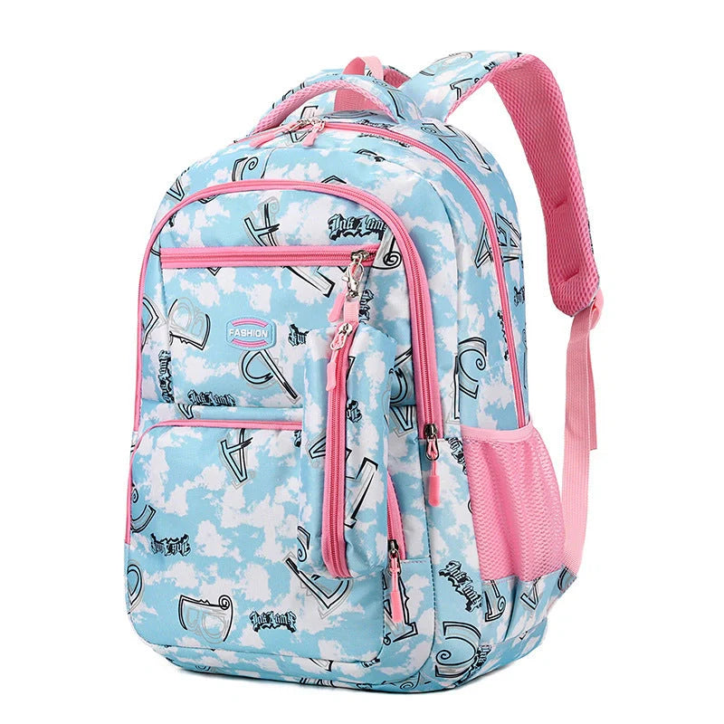 Letter print backpack with pencil case for primary school students in various colours